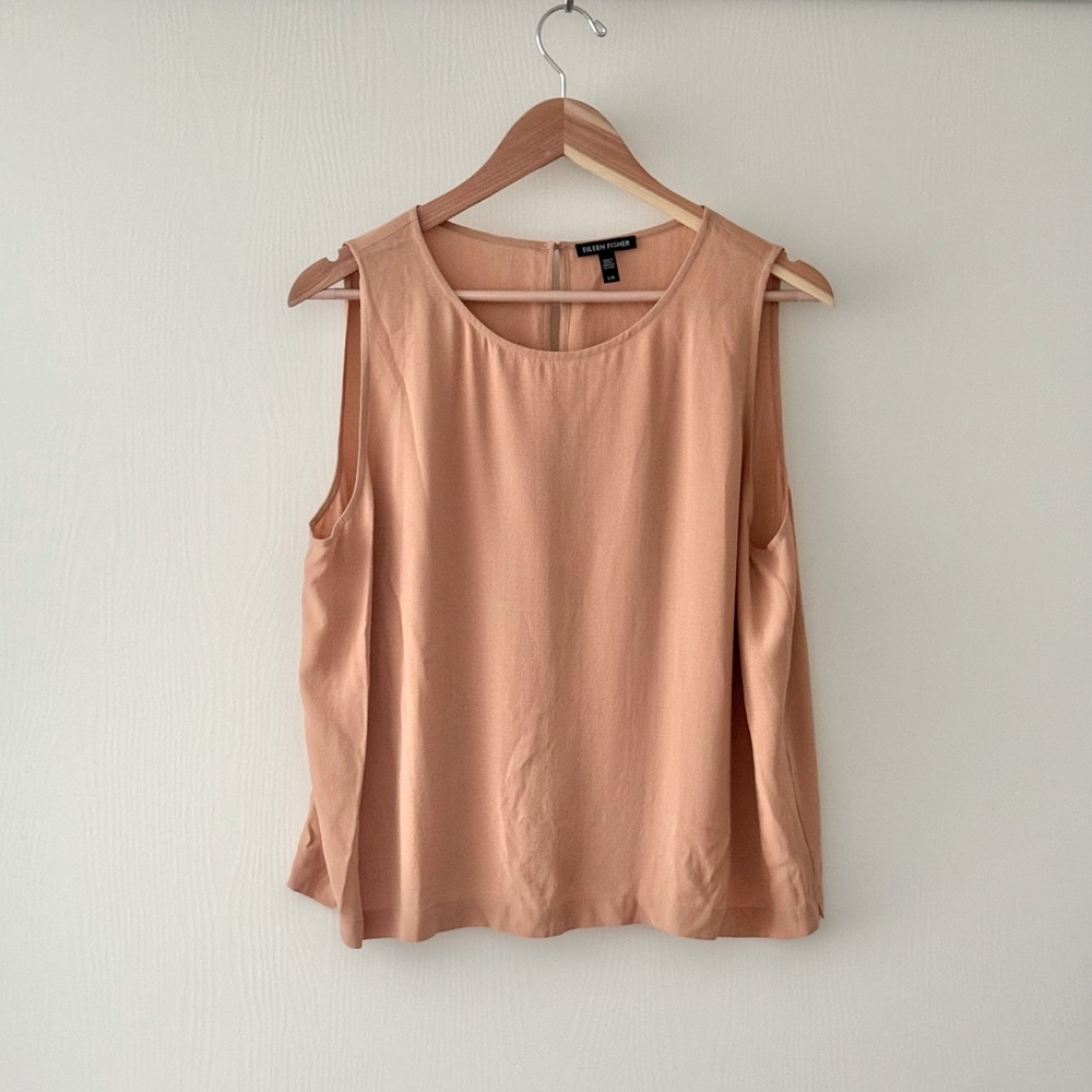 🤎Eileen Fisher Georgette Crepe Silk Round Neck Shell Size LG